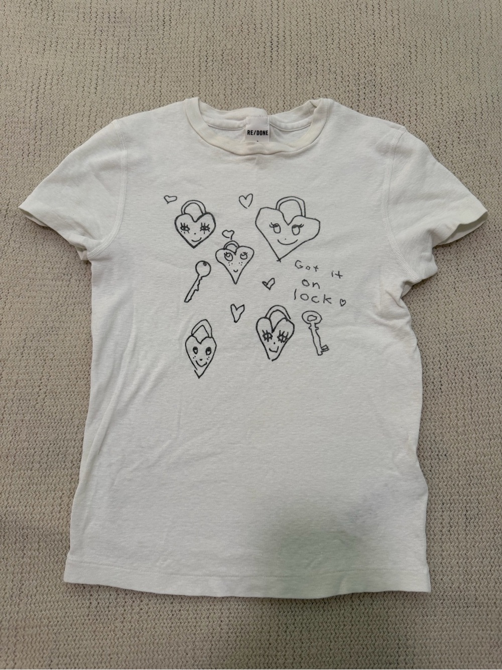Re/Done White Kids Heart Lock Tee with Key Sketches